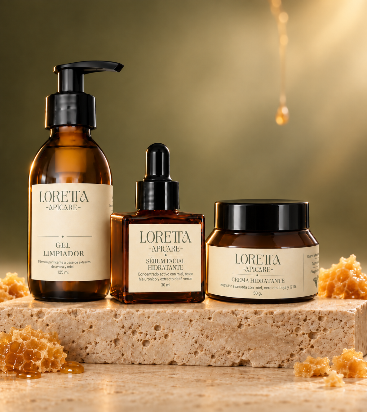 Rutina completa Loretta Apicare: Gel limpiador, Serum Facial y Crema Hidratante
